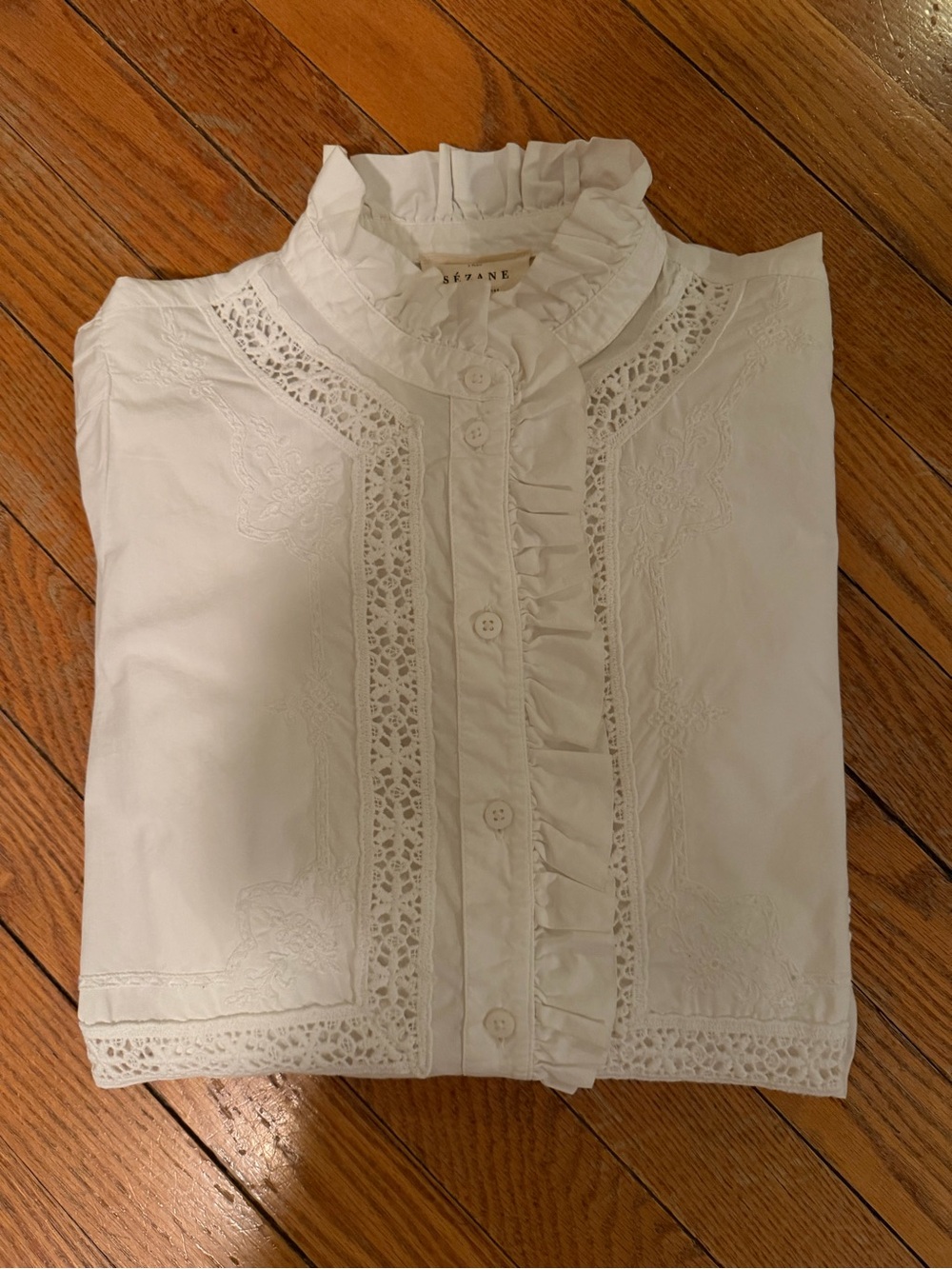 Sezane Ulysse White Victorian Ruffle Lace Button-Up Blouse - Picture 6 of 10